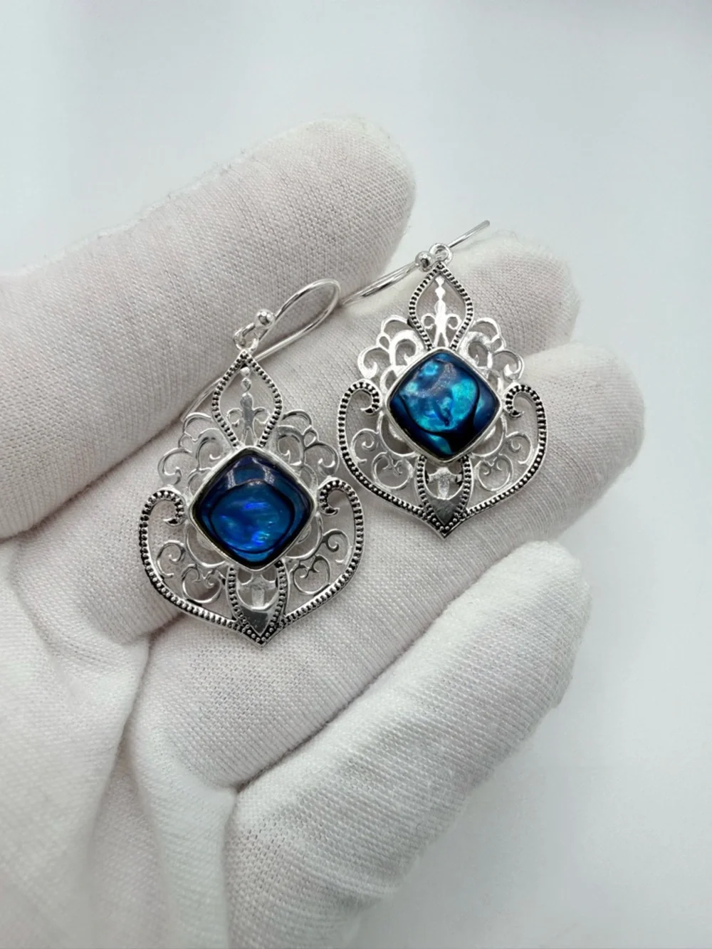 Blue Abalone Shell Filigree Design .925 Sterling Silver Earrings - Picture 7 of 11